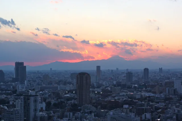 Coucher de soleil sur Tokyo avec vue panoramique de la ville et montagne en arrière-plan
