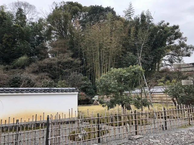 Jardin traditionnel kyotoïte avec bambou, clôture en bois et mur blanc aux tuiles courbes